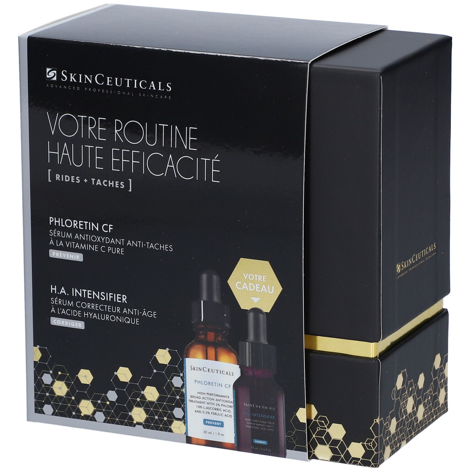 Coffret noir avec logo et nom du produit. Contient deux flacons. Texte: Votre Routine Haute Efficacité.