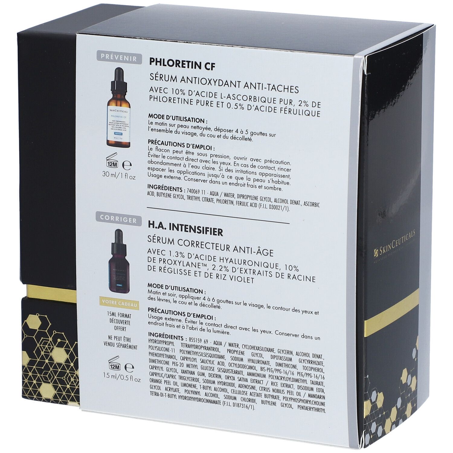 Dos du coffret. Texte avec informations produit. Deux illustrations de produits. Ingrédients et instructions d'utilisation.
