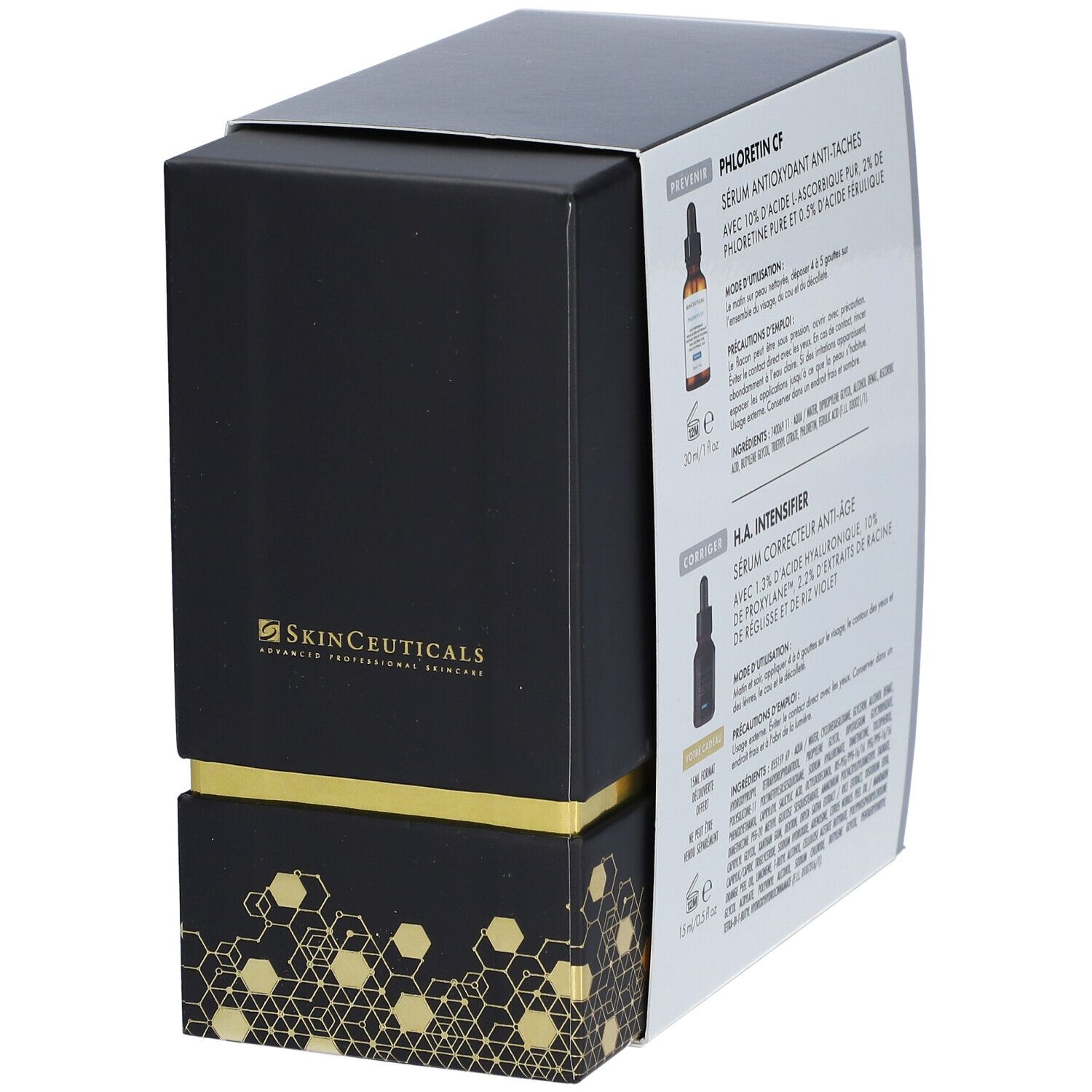 Coffret noir partiellement ouvert. Logo et nom du produit visibles. Texte avec informations produit. Deux flacons.