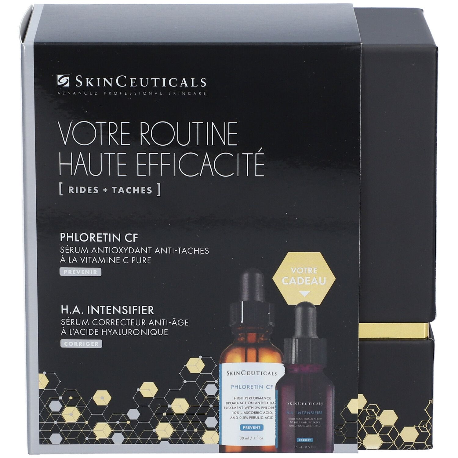 Coffret noir avec logo et nom du produit. Contient deux flacons. Texte: Votre Routine Haute Efficacité.