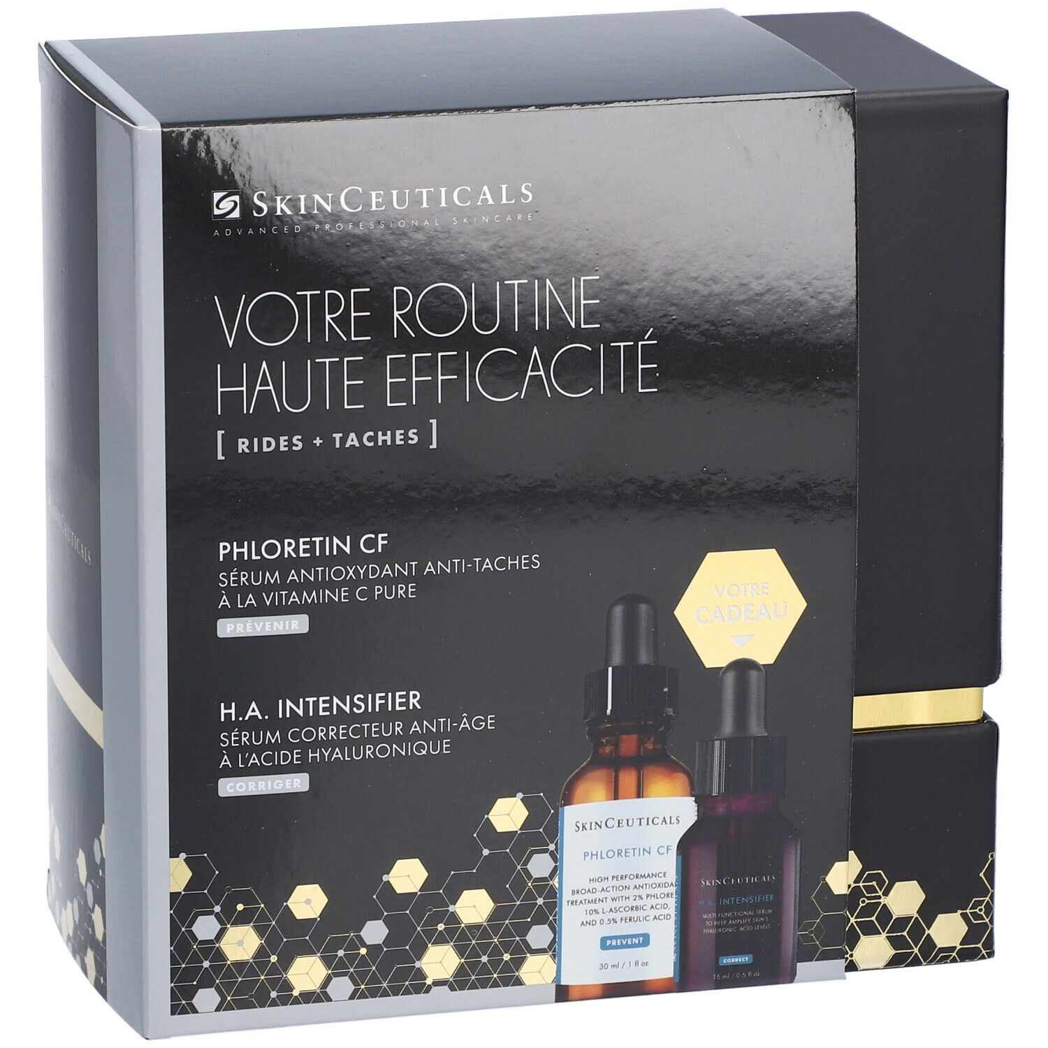 Coffret noir avec logo et nom du produit. Contient deux flacons. Texte: Votre Routine Haute Efficacité.