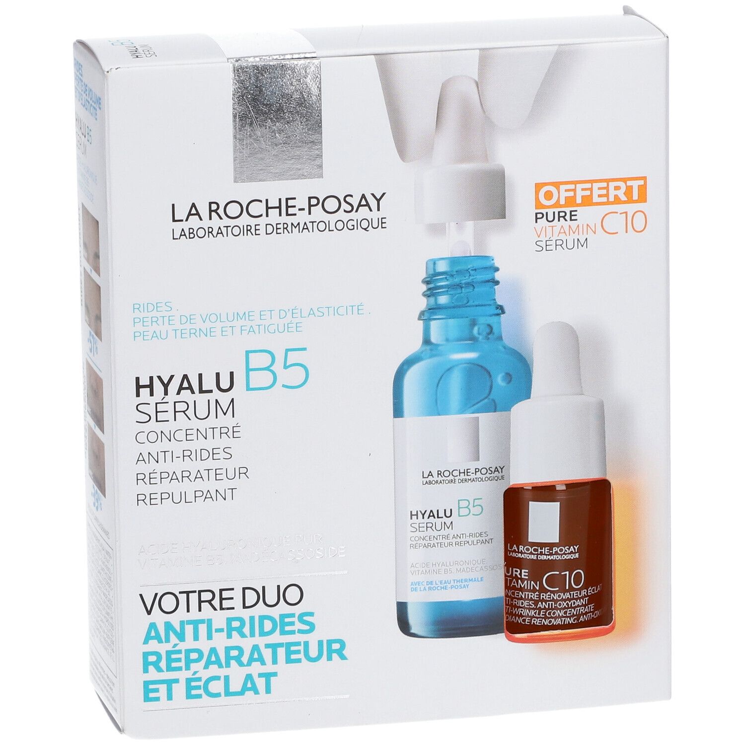 Coffret avec deux sérums. Flacon bleu et blanc, flacon orange et blanc. Texte: Hyalu B5 Serum, Pure Vitamin C10 Serum. Offert.