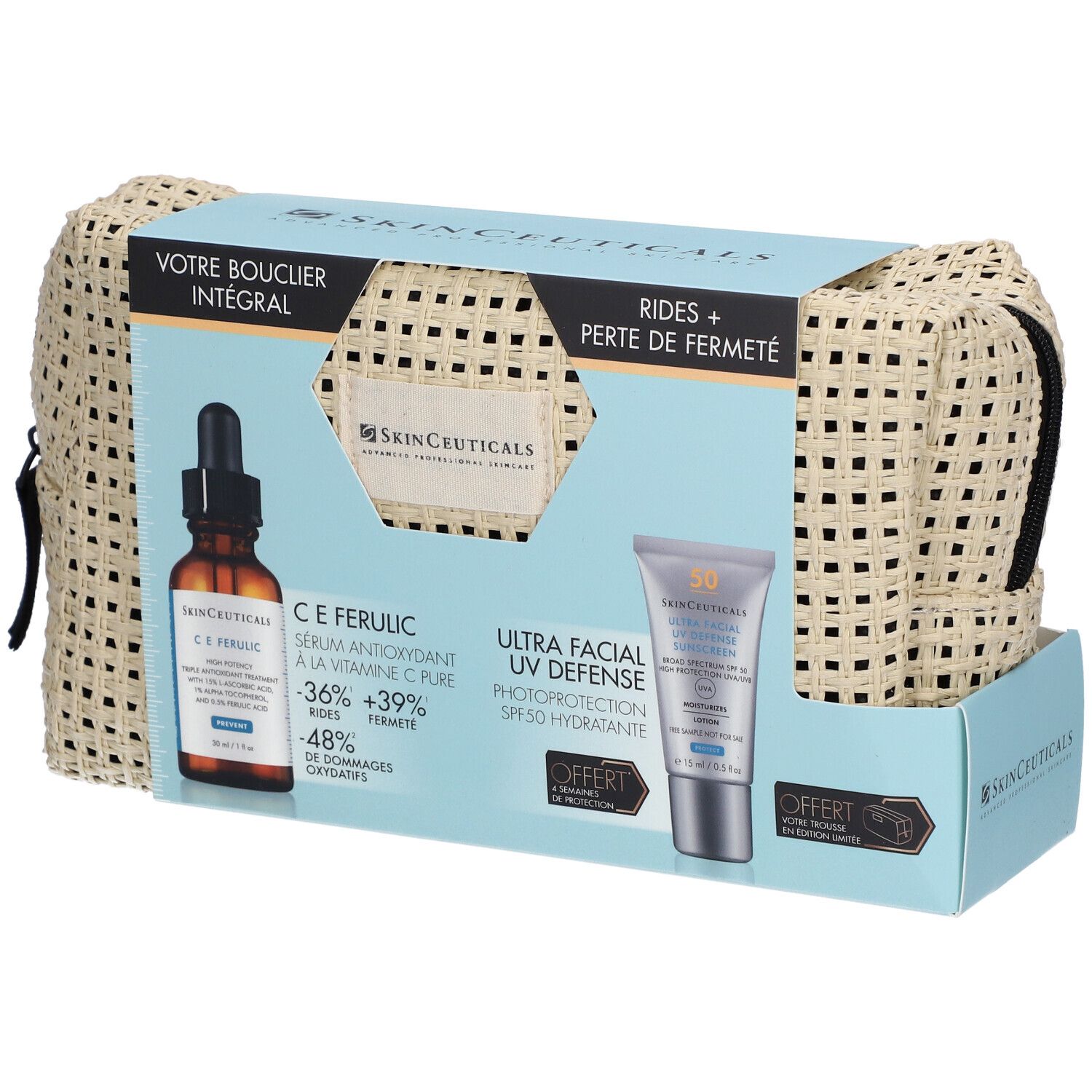 Coffret cosmétique. Contient sérum, crème solaire et trousse beige. Texte: SkinCeuticals, Votre bouclier intégral.