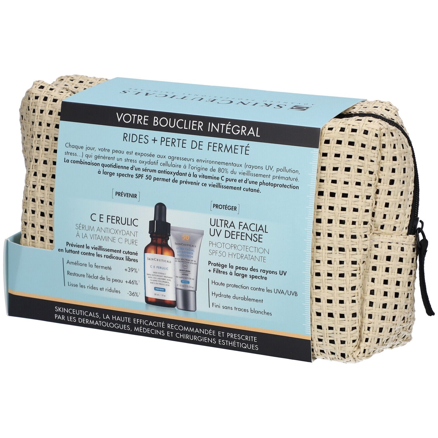 Coffret cosmétique avec sérum, crème solaire et trousse beige. Texte: SkinCeuticals, Votre bouclier intégral, Rides + Perte de fermeté.