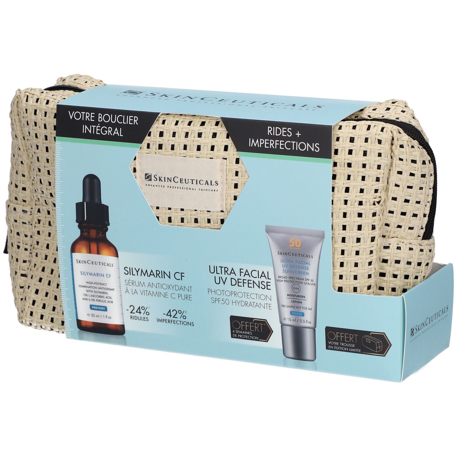 Coffret cadeau avec sérum et crème solaire. Trousse beige. Inscriptions: SkinCeuticals, Silymarin CF, Ultra Facial UV Defense.