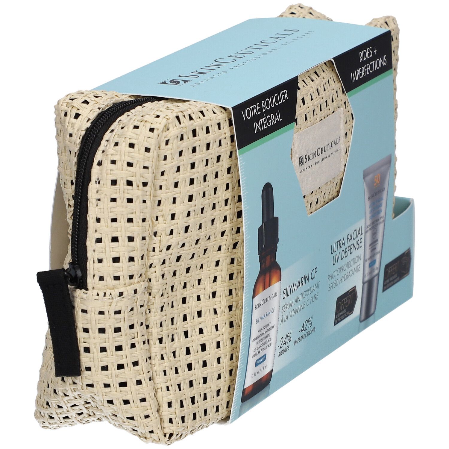 Trousse de toilette beige avec fermeture éclair. Inscription: SkinCeuticals. Dans l'emballage: sérum et crème solaire.