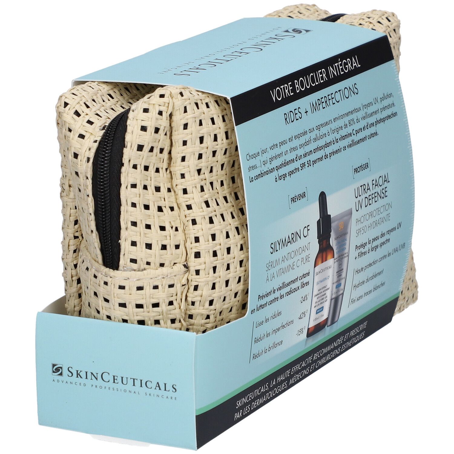 Coffret cadeau avec sérum, crème solaire et trousse de toilette. Inscriptions: SkinCeuticals, Silymarin CF, Ultra Facial UV Defense.