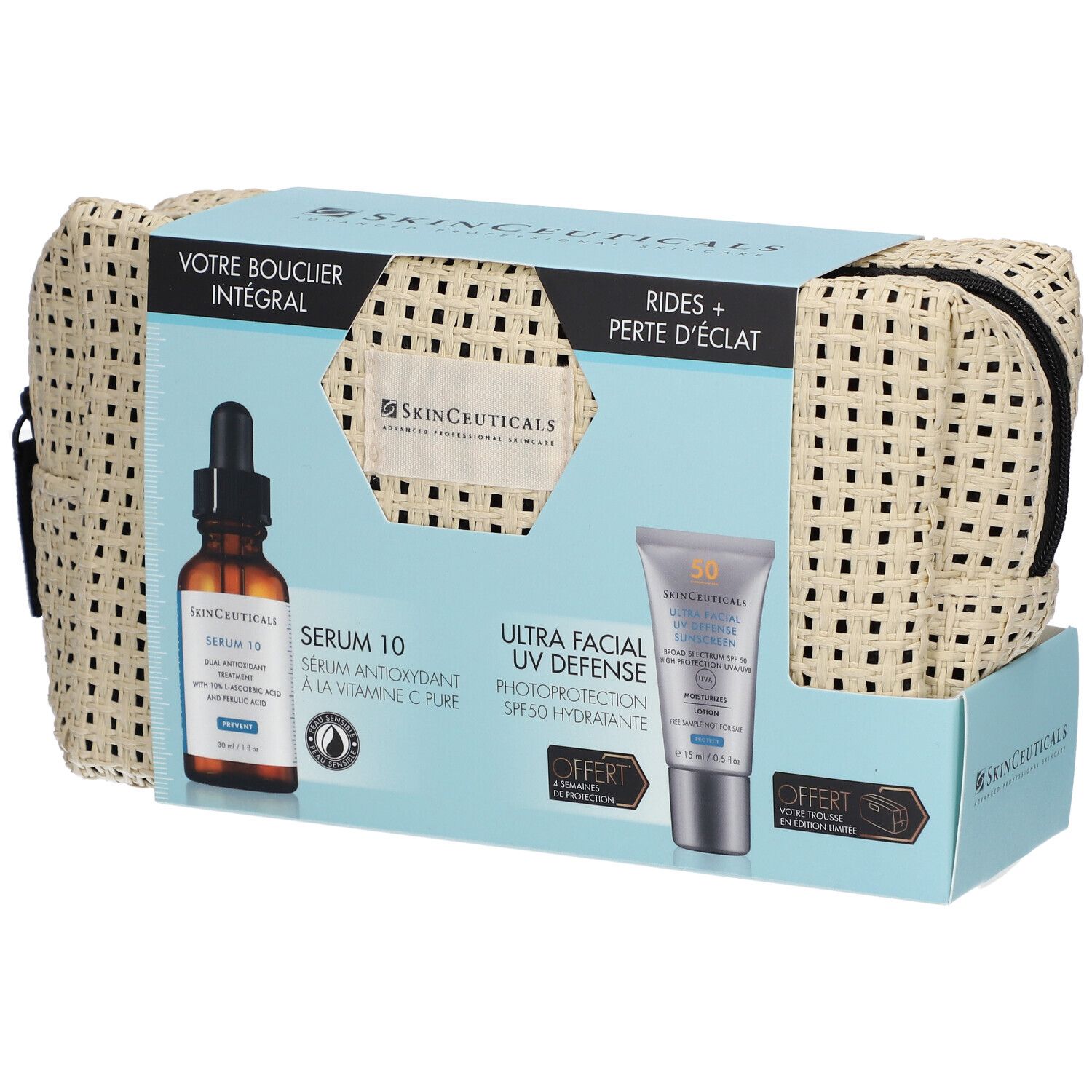 Coffret cadeau avec Sérum 10 et protection UV. Trousse de toilette beige zippée. Logo SkinCeuticals et noms des produits.