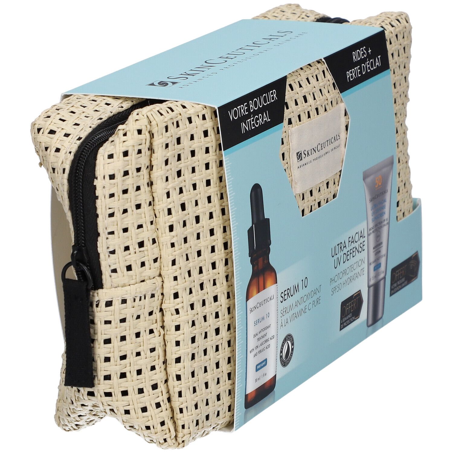 Coffret cadeau avec Sérum 10 et protection UV. Trousse de toilette beige zippée. Logo SkinCeuticals et noms des produits.