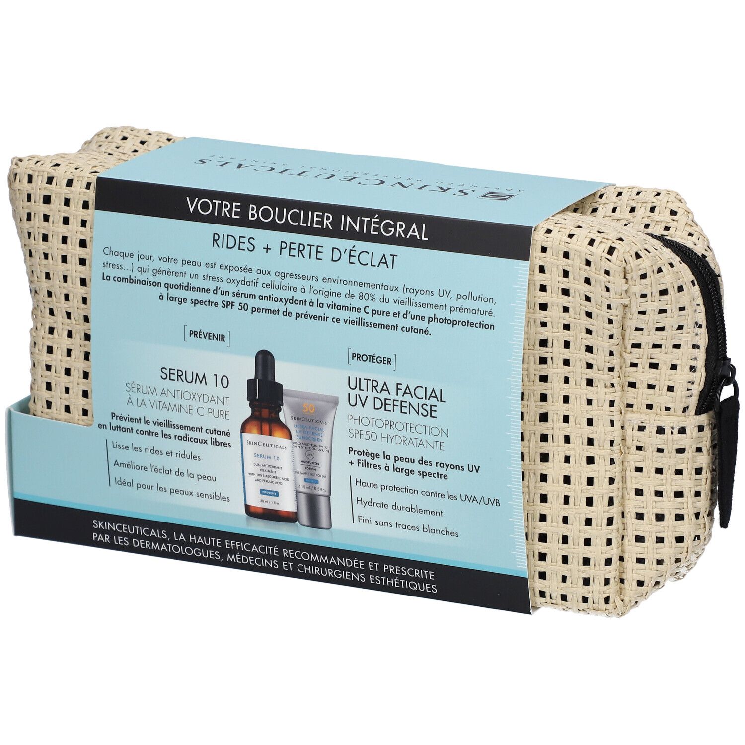Coffret cadeau avec Sérum 10 et protection UV. Trousse de toilette beige zippée. Logo SkinCeuticals et noms des produits.