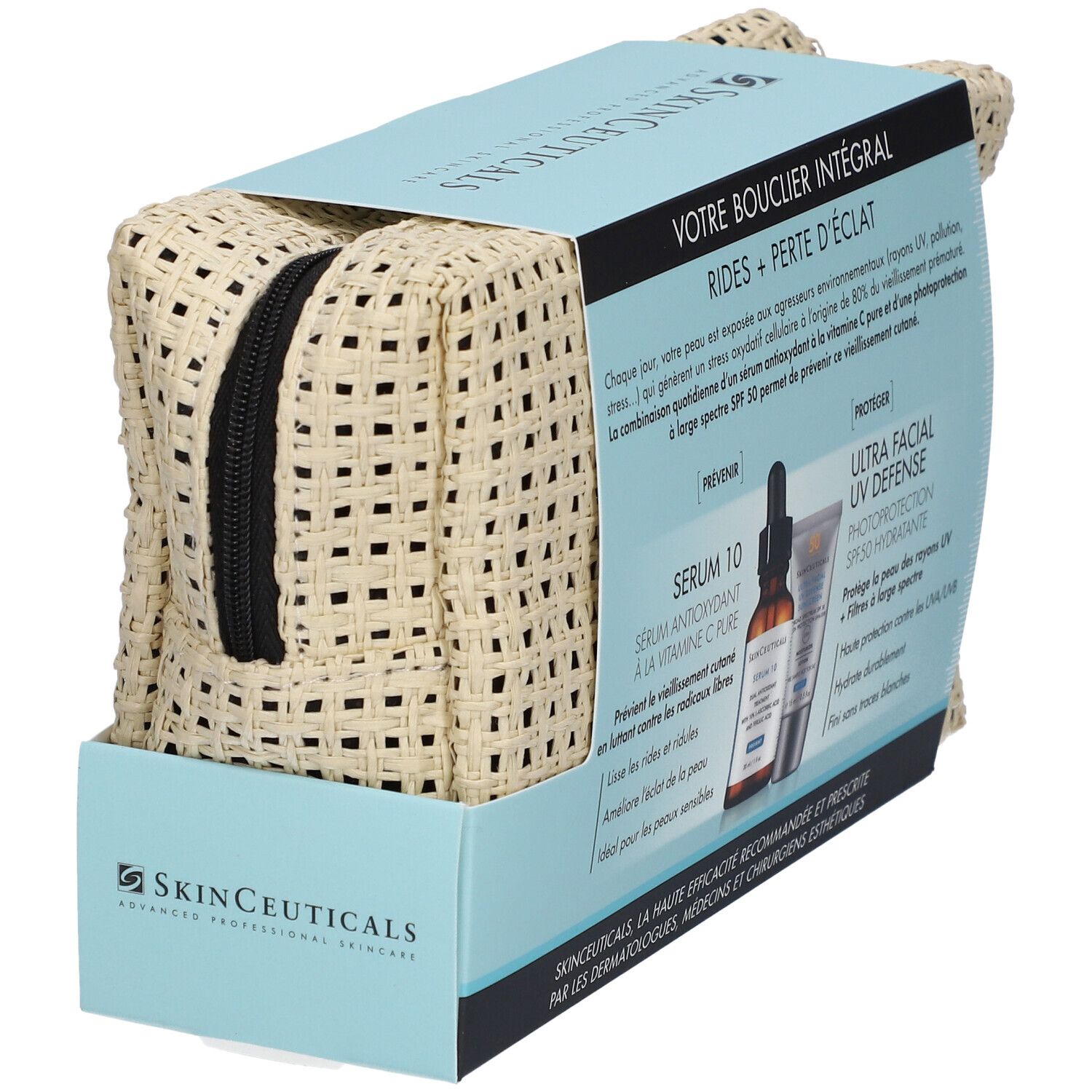 Coffret cadeau avec Sérum 10 et protection UV. Trousse de toilette beige zippée. Logo SkinCeuticals et noms des produits.