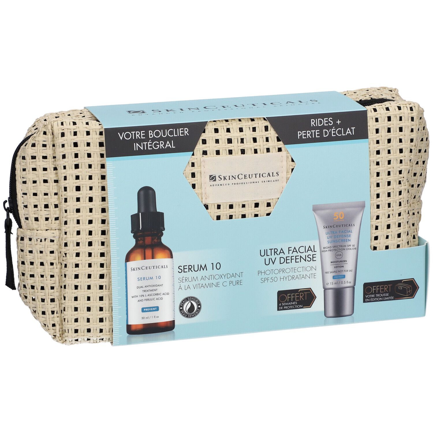 Coffret cadeau avec Sérum 10 et protection UV. Trousse de toilette beige zippée. Logo SkinCeuticals et noms des produits.