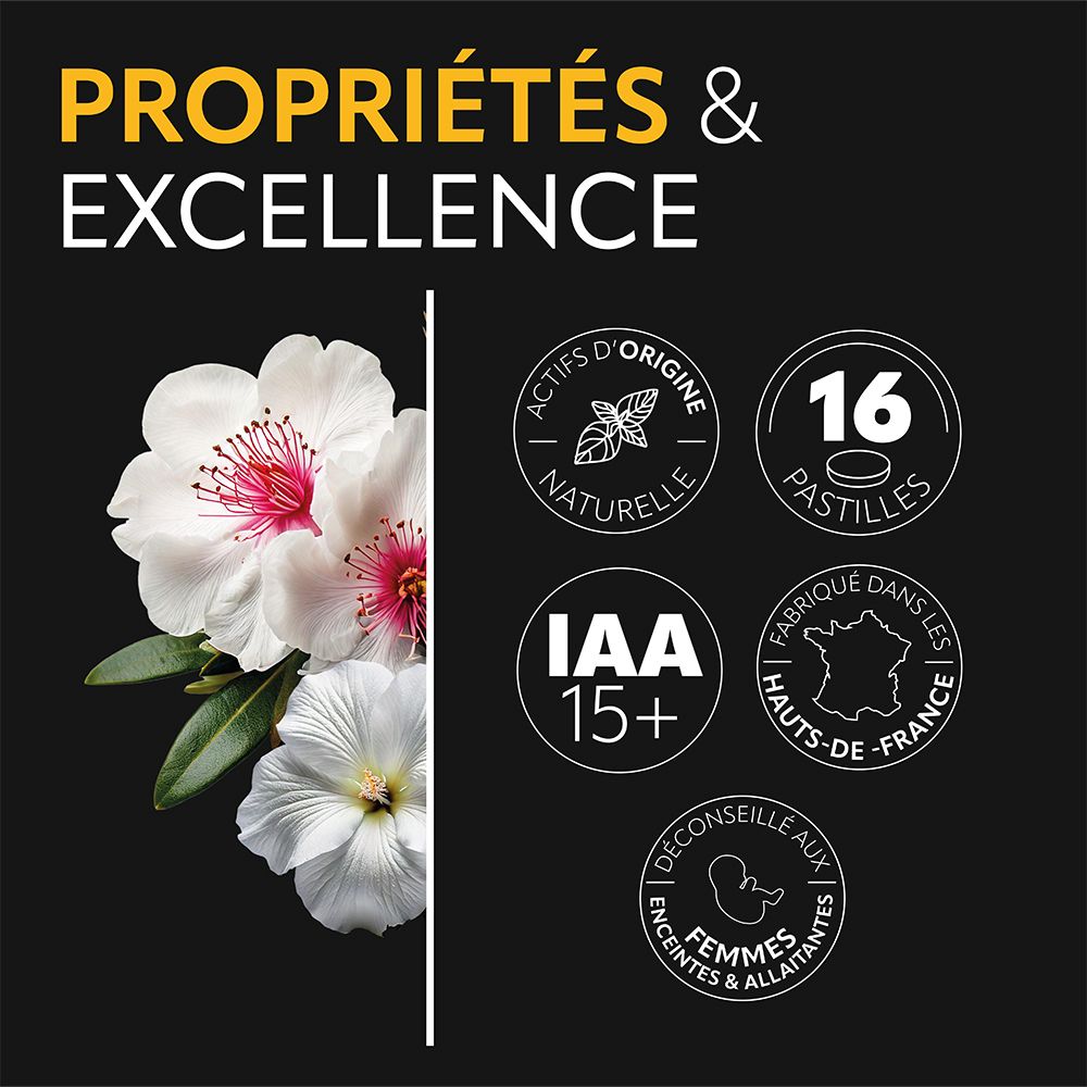 Infographie. Informations sur les pastilles HERBESAN. 16 pastilles. Ingrédients naturels. Label IAA15+. Déconseillé aux femmes enceintes.