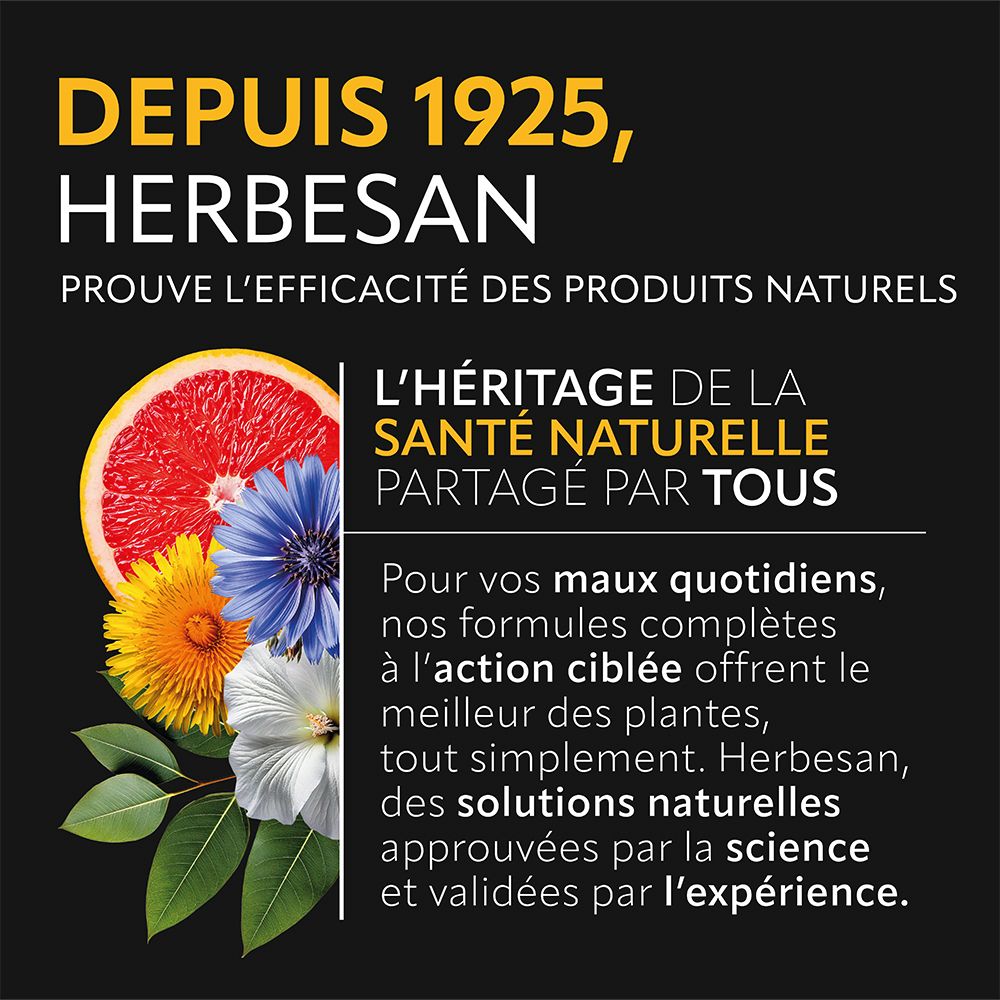 Infographie. HERBESAN depuis 1925. Santé naturelle. Fleurs et fruits. Solutions naturelles.