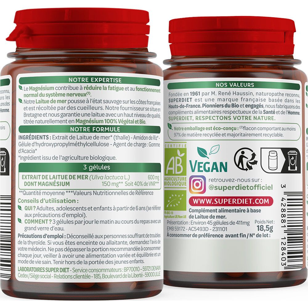 Dos du flacon. Texte : Expertise, ingrédients, 3 gélules, 45 gélules, label AB bio, label Vegan, adresse web, date de péremption.