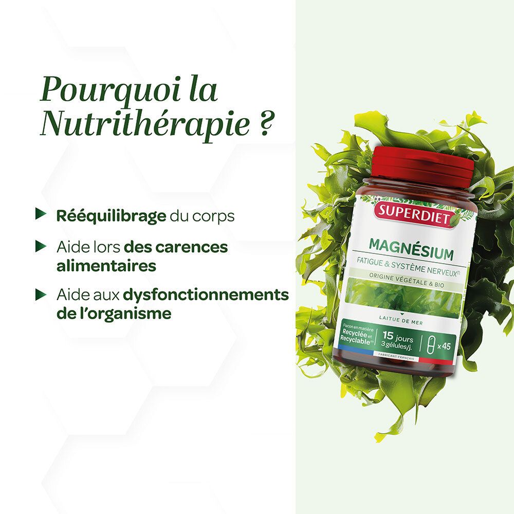 Flacon MAGNÉSIUM entouré d'algues marines. Texte : Pourquoi la Nutrithérapie ? Rééquilibrage du corps, aide aux carences, dysfonctionnements.