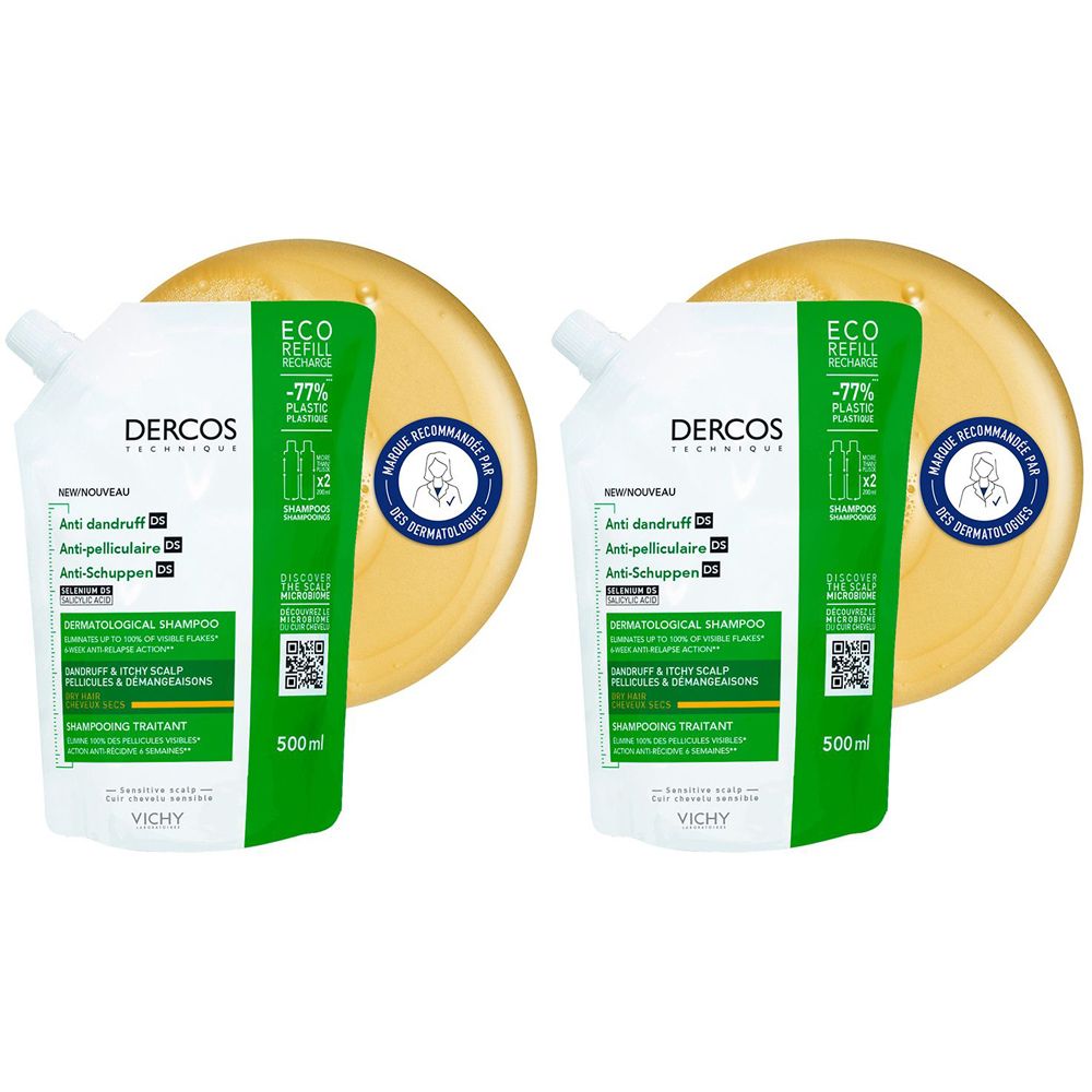 Deux recharges de shampooing Dercos Technique, étiquette verte et blanche. Texte: Anti-pelliculaire DS. 500ml. Sceau: Marque recommandée par les dermatologues. Liquide jaune.