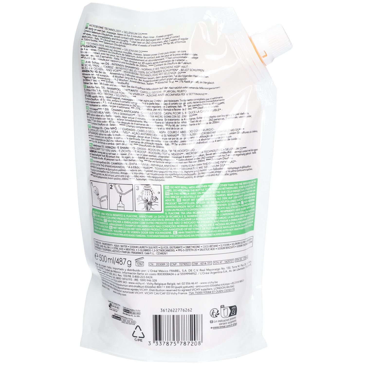 Dos d'une recharge. Texte: Dercos Technique. 500ml/487g. Instructions et informations produit. Code-barres et symbole de recyclage.