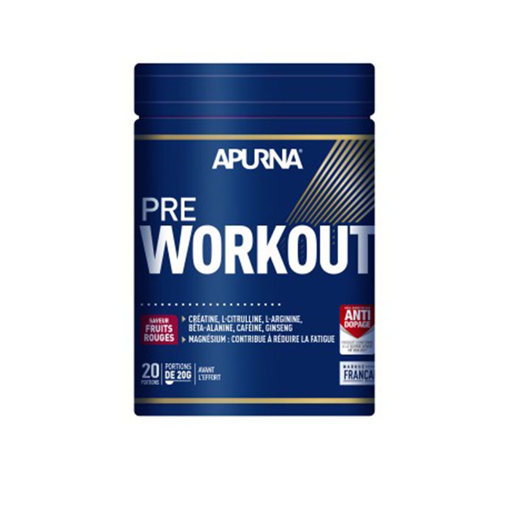 Pot bleu APURNA PRE-WORKOUT. Inscription PRE WORKOUT. Contient 20 portions. Ingrédients : créatine, caféine, etc.