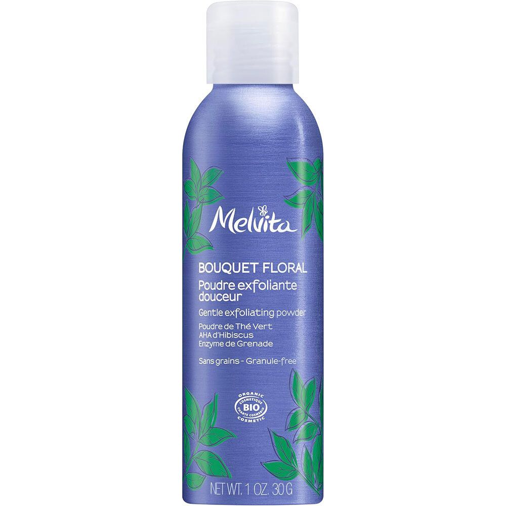 Flacon bleu-violet à bouchon blanc. Inscription: Melvita, Bouquet Floral, Poudre exfoliante douceur. Certification bio.