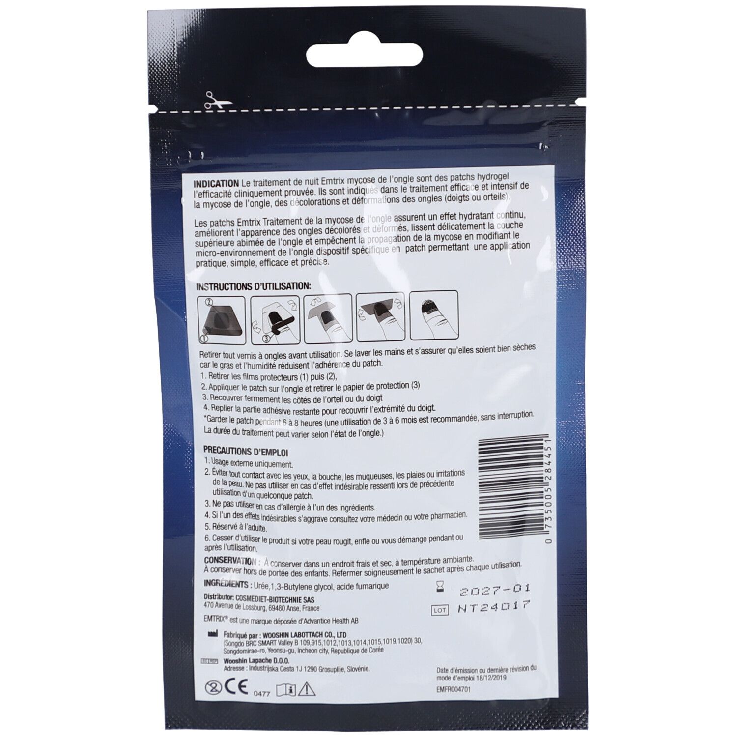 Dos du sachet EMTRIX Patch Nuit. Contient du texte et des pictogrammes d'instructions. Date de production : 2027-01.