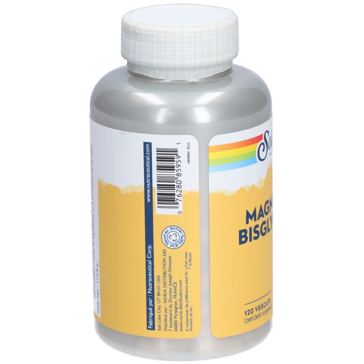 Dos du flacon. Étiquette avec code-barres, informations "Nutraceutica" et logo "Solaray".