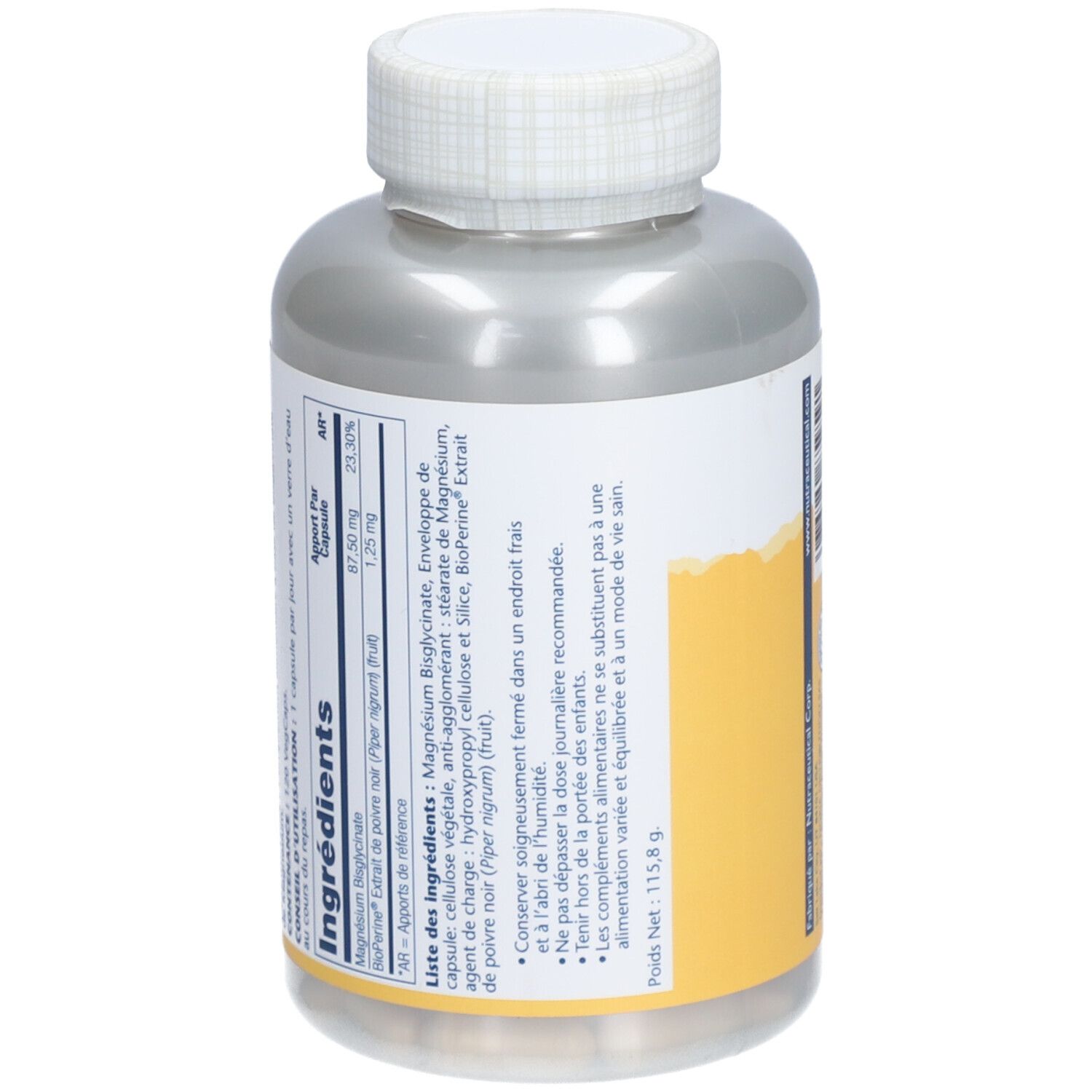 Dos du flacon. Étiquette avec ingrédients, informations nutritionnelles et poids. Bouchon blanc.