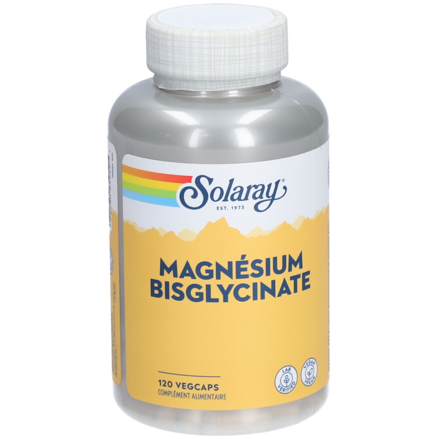 Flacon argenté avec bouchon blanc. Étiquette avec logo "Solaray", "Magnésium Bisglycinate" et "120 Vegcaps".