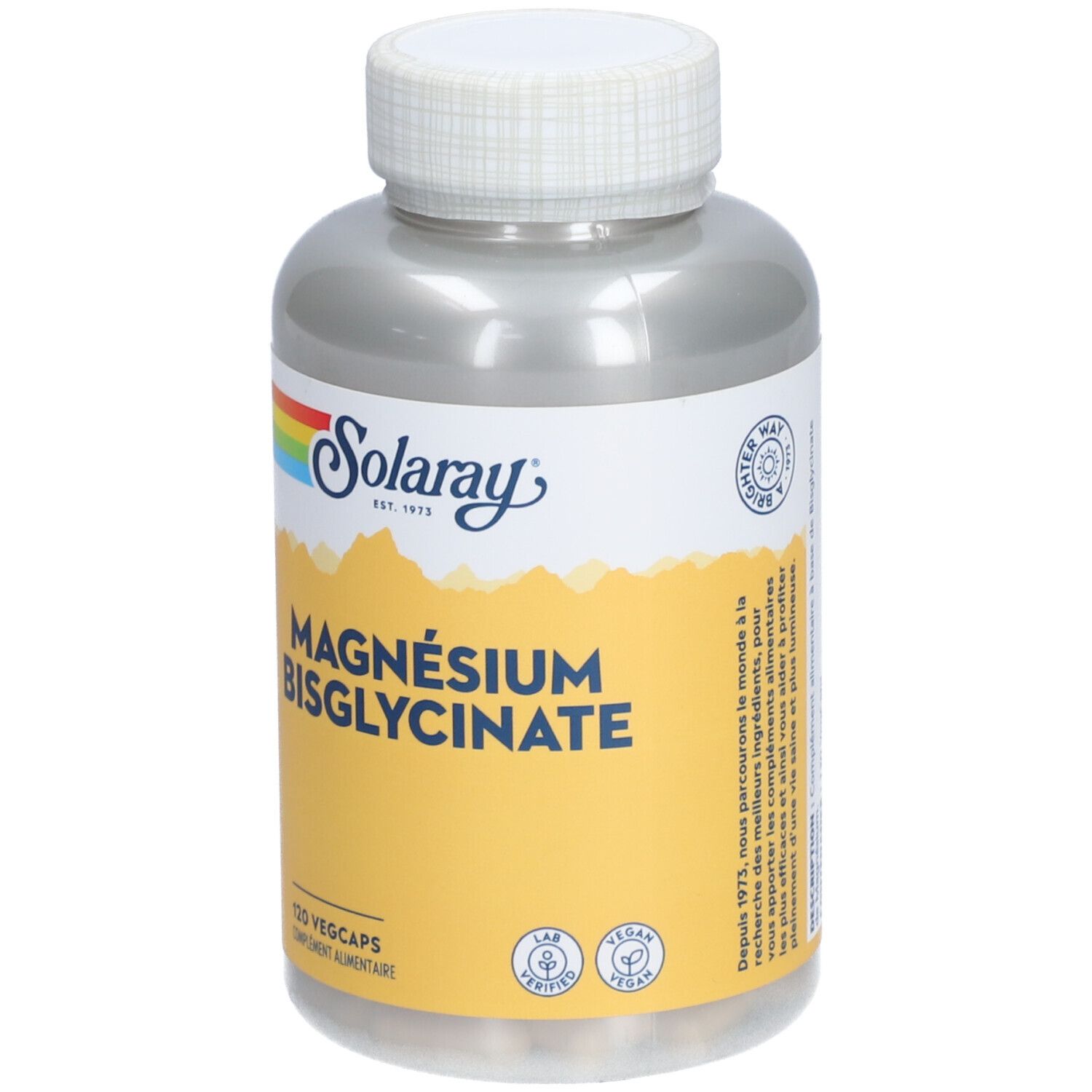 Flacon argenté avec bouchon blanc. Étiquette avec logo "Solaray", "Magnésium Bisglycinate" et "120 Vegcaps".