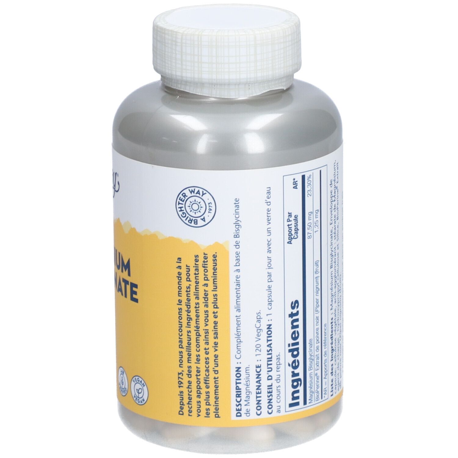 Dos du flacon. Étiquette avec ingrédients, informations nutritionnelles et poids. Bouchon blanc.