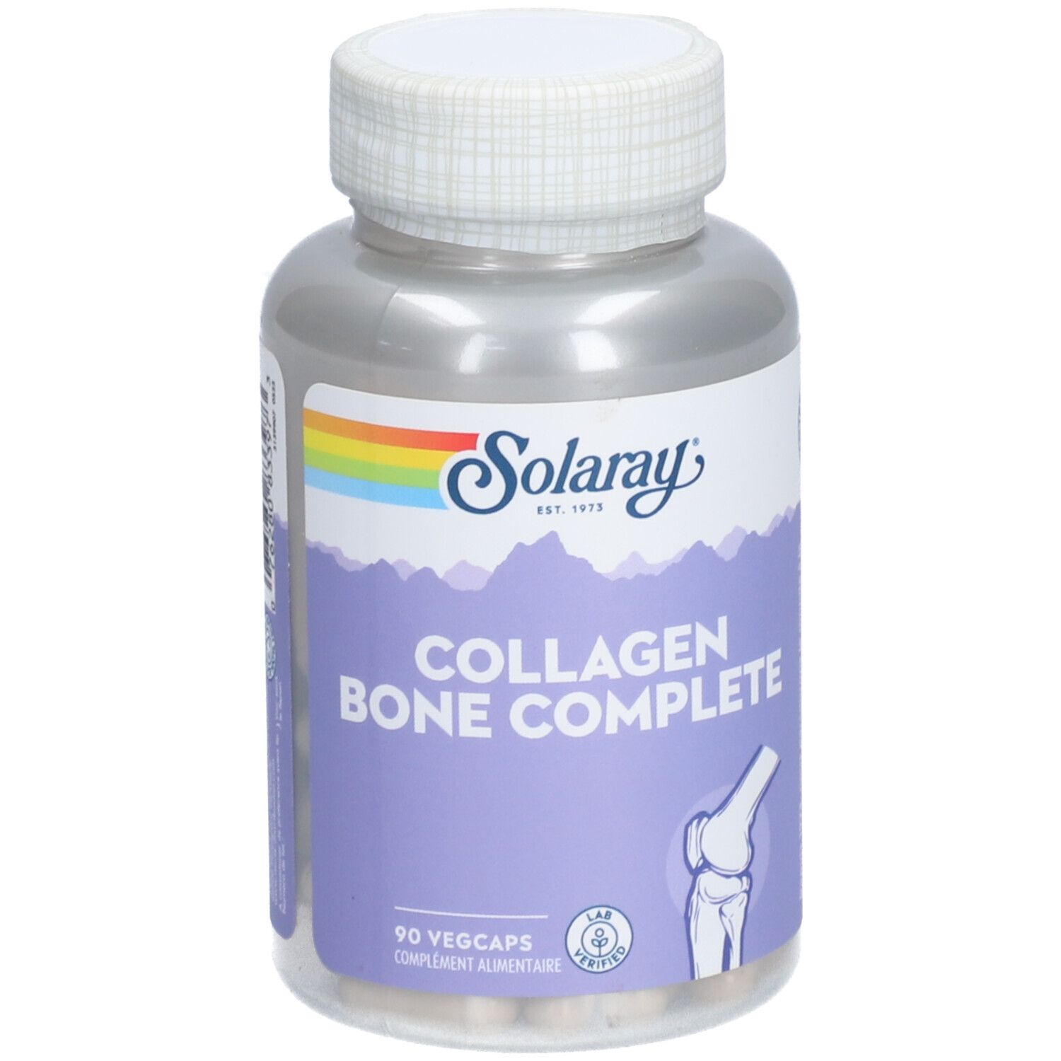 Flacon de SOLARAY COLLAGEN BONE COMPLETE, 90 Vegcaps. Logo arc-en-ciel. Illustration d'os.
