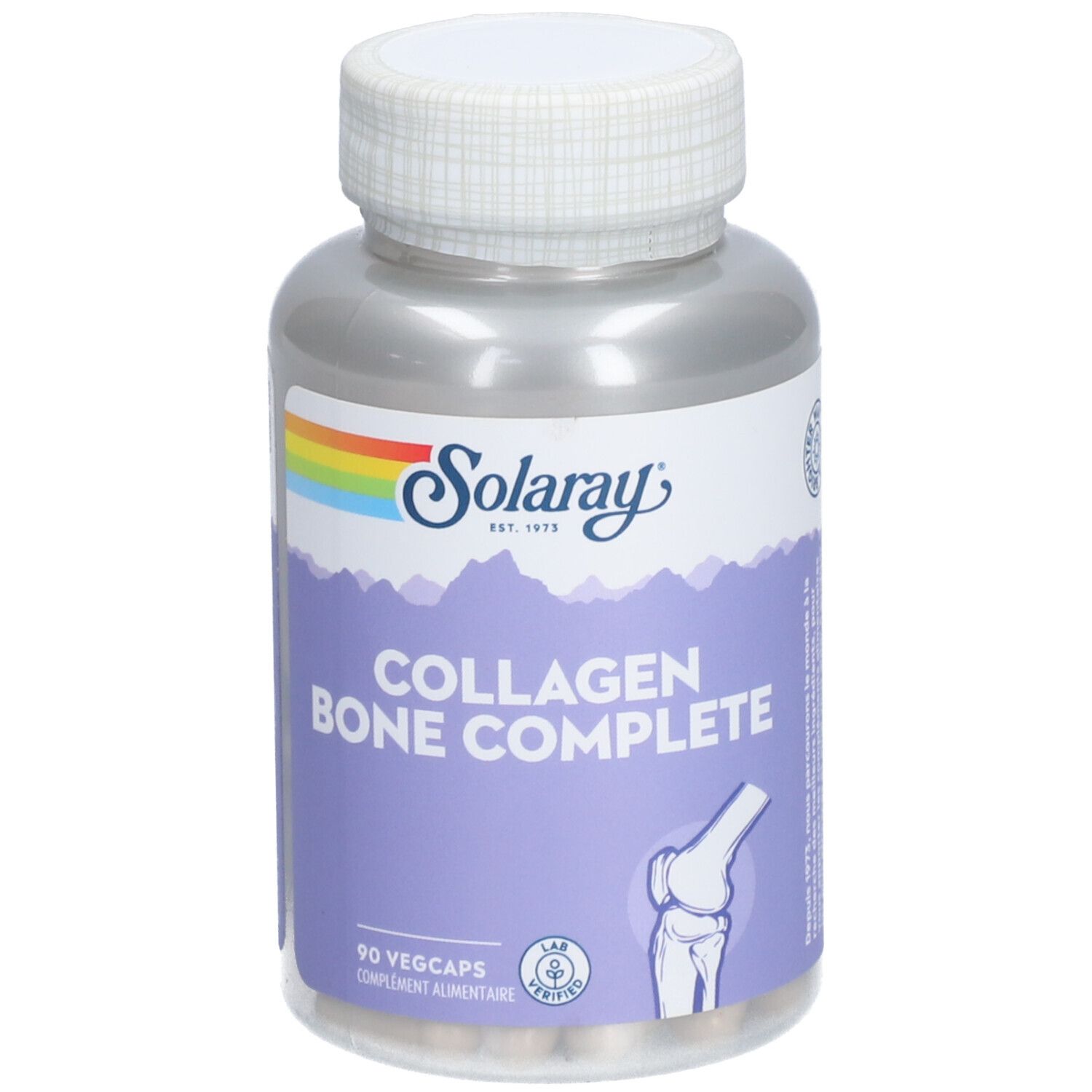 Flacon de SOLARAY COLLAGEN BONE COMPLETE, 90 Vegcaps. Logo arc-en-ciel. Illustration d'os.
