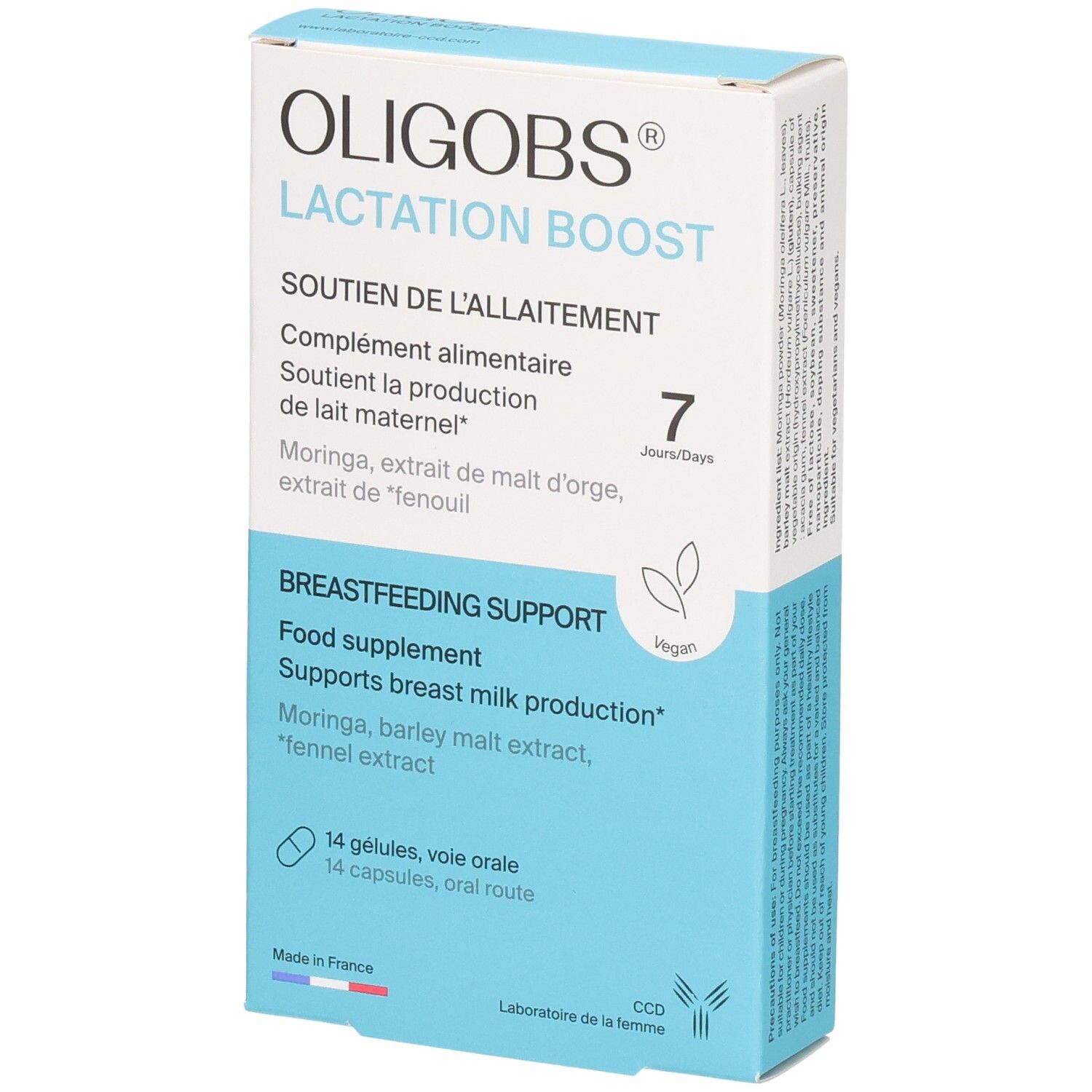 Boîte Oligobs Lactation Boost, 14 gélules, pour le soutien de l'allaitement.