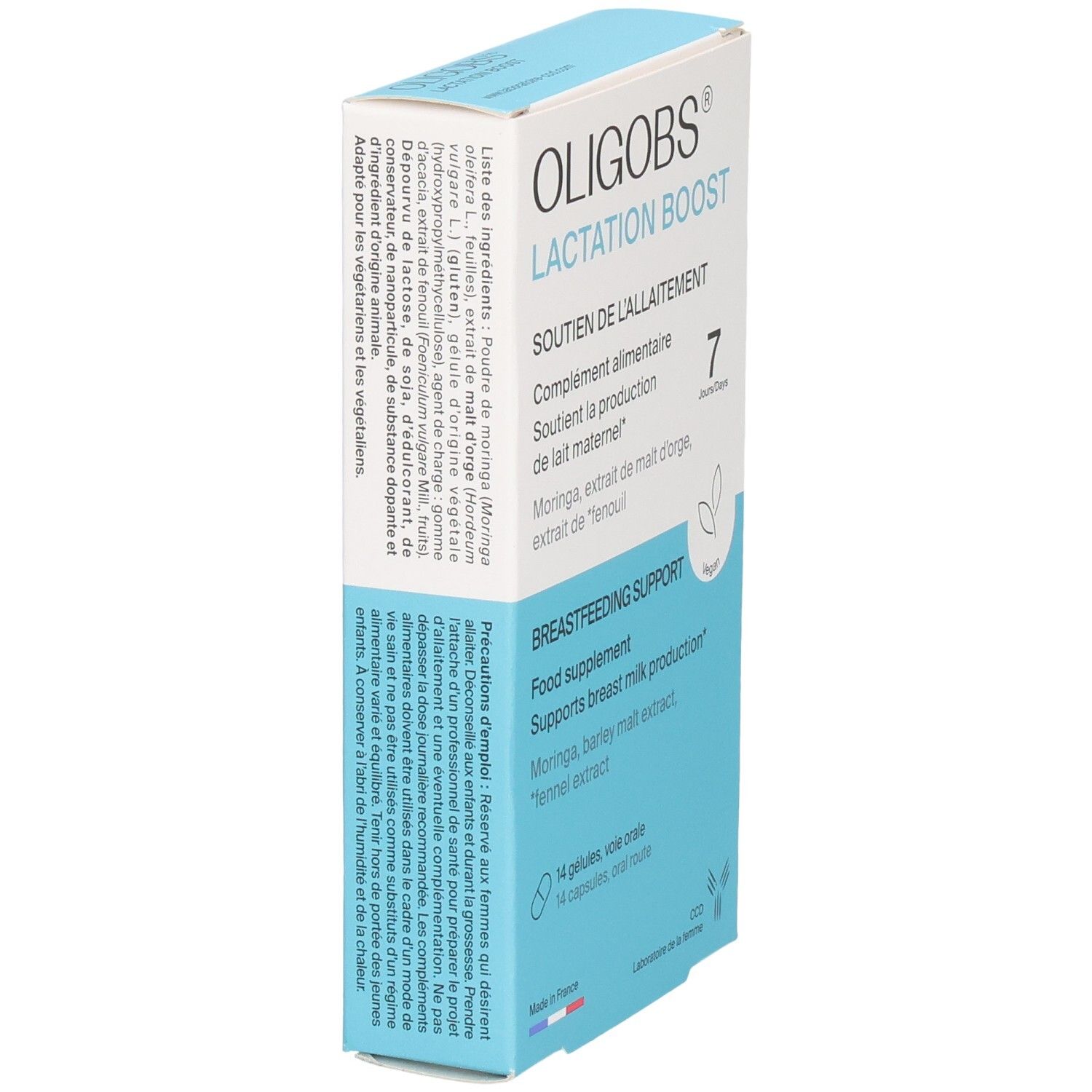 Boîte Oligobs Lactation Boost, verso avec liste des ingrédients et conseils d'utilisation.