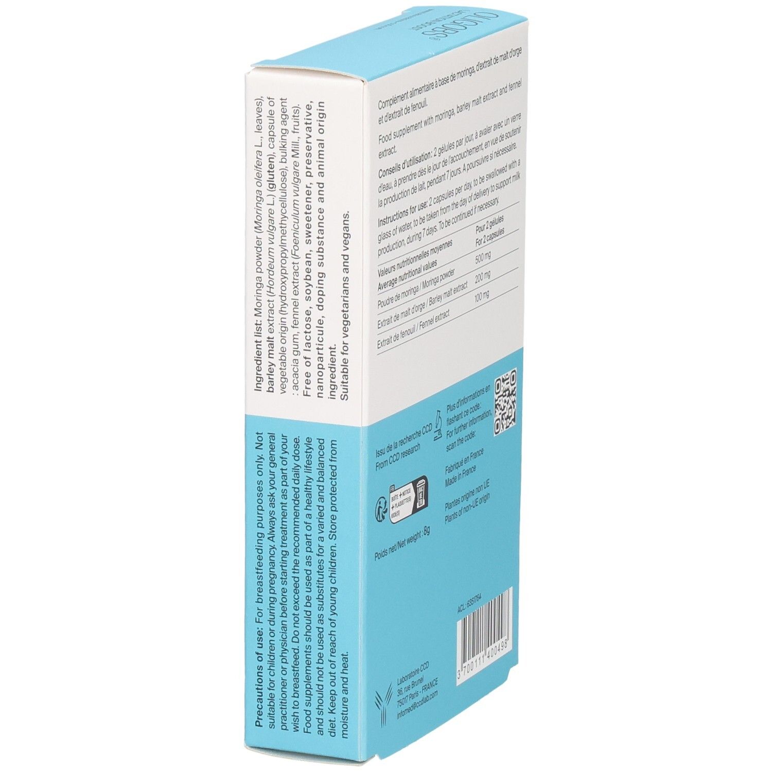 Boîte Oligobs Lactation Boost, côté avec détails des ingrédients et précautions d'emploi.
