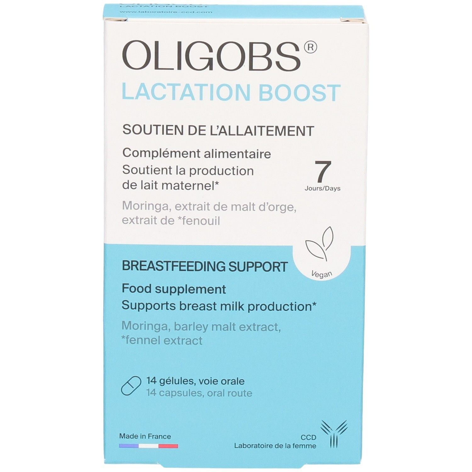 Boîte Oligobs Lactation Boost, face avant avec nom du produit et ingrédients.