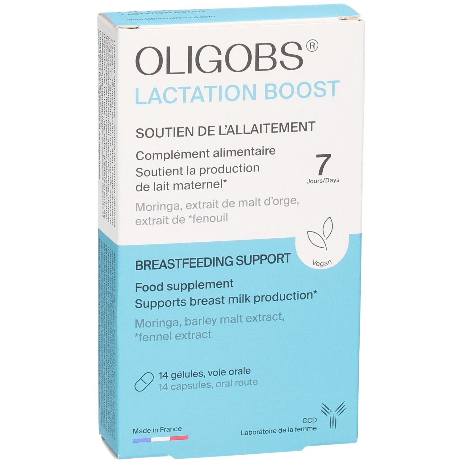 Boîte Oligobs Lactation Boost, 14 gélules, pour le soutien de l'allaitement.