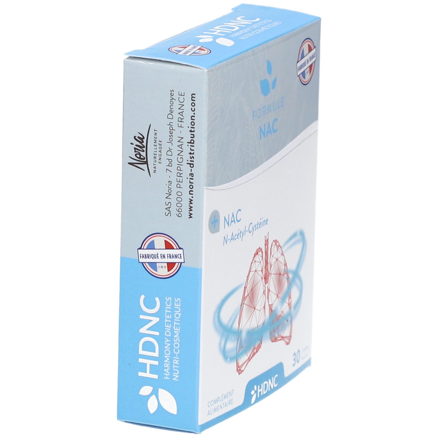 Boîte avec formule NAC, logo HDNC et drapeau français. Texte: Noria, adresse. 30 comprimés.
