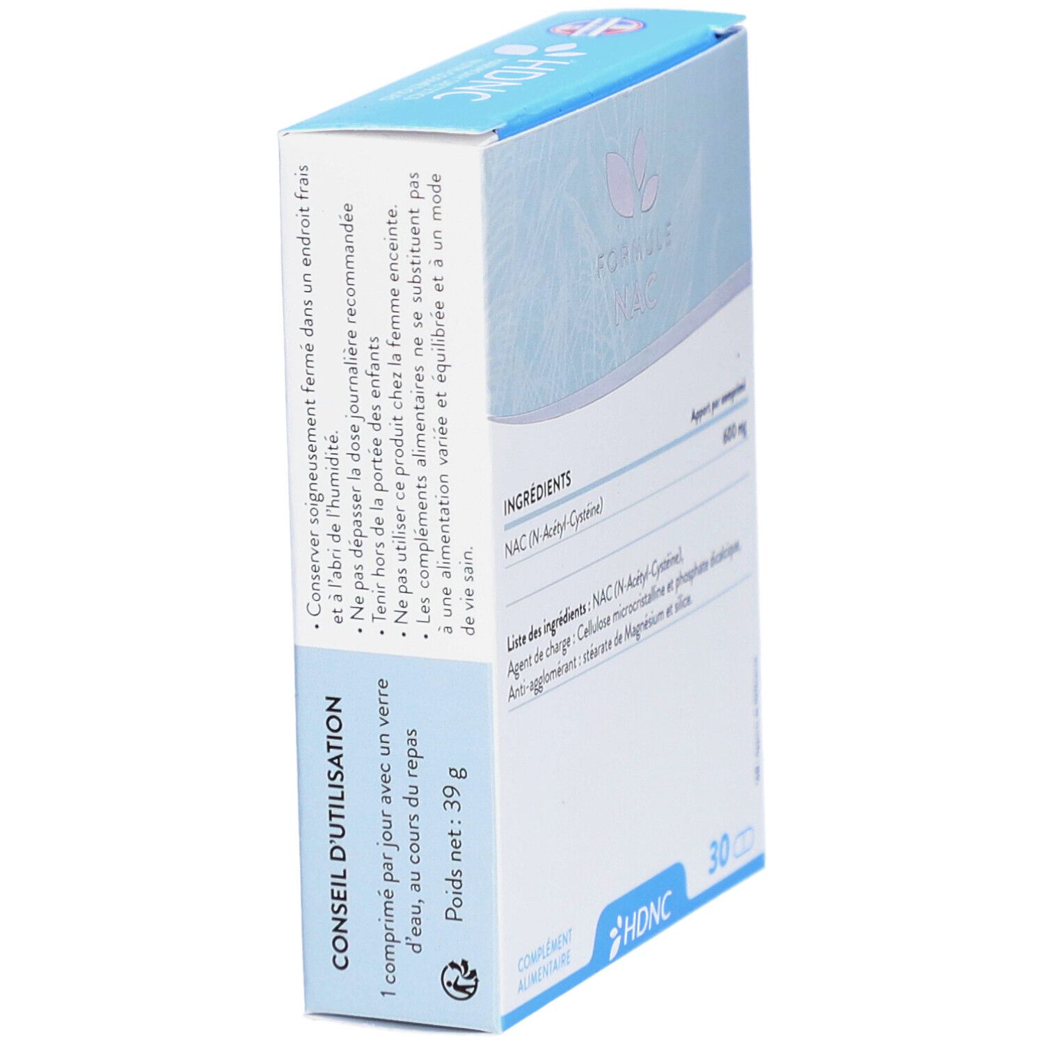 Boîte avec texte: Conseil d'utilisation, 1 comprimé par jour. Logo HDNC. 30 comprimés. Poids: 39g.
