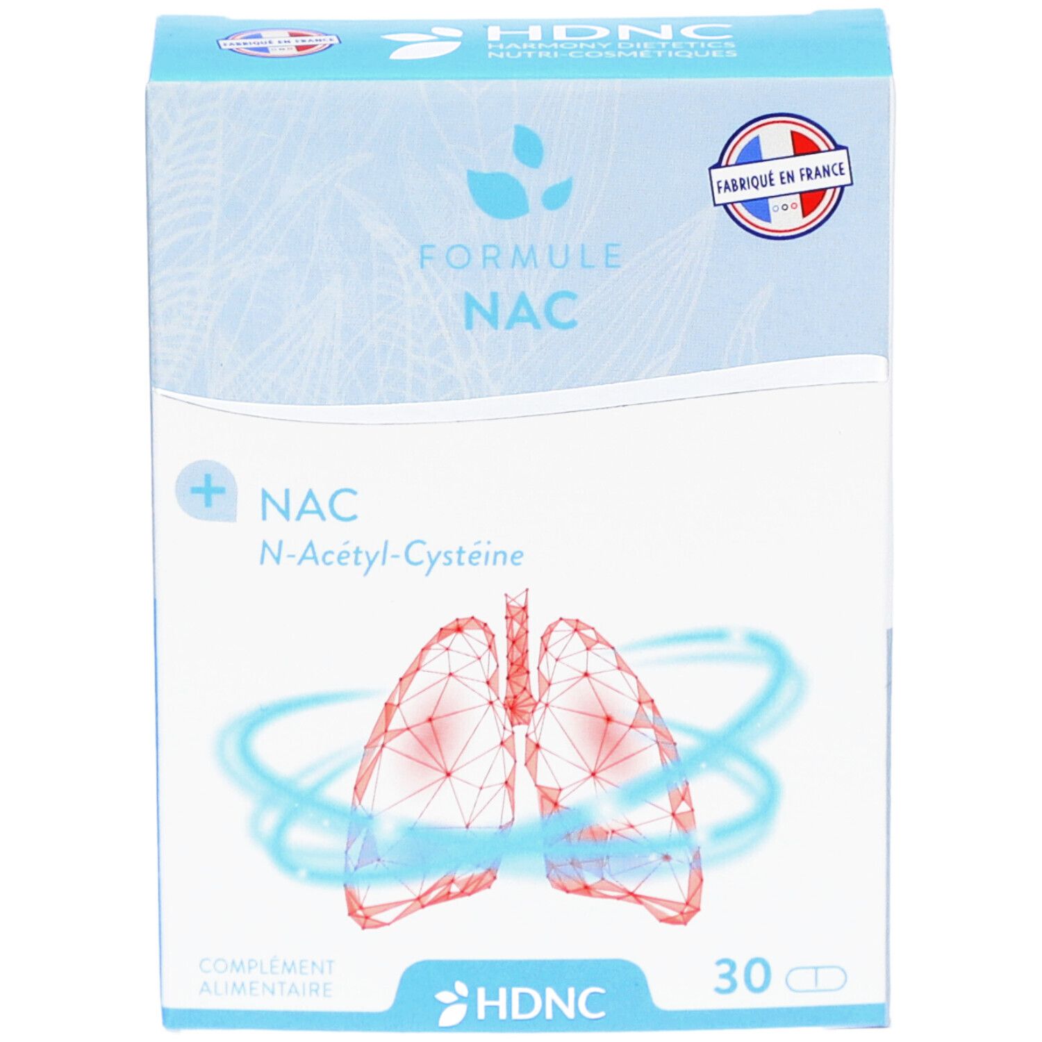 Boîte bleu et blanche avec formule NAC. Drapeau français et logo HDNC. 30 comprimés. Représentation des poumons.