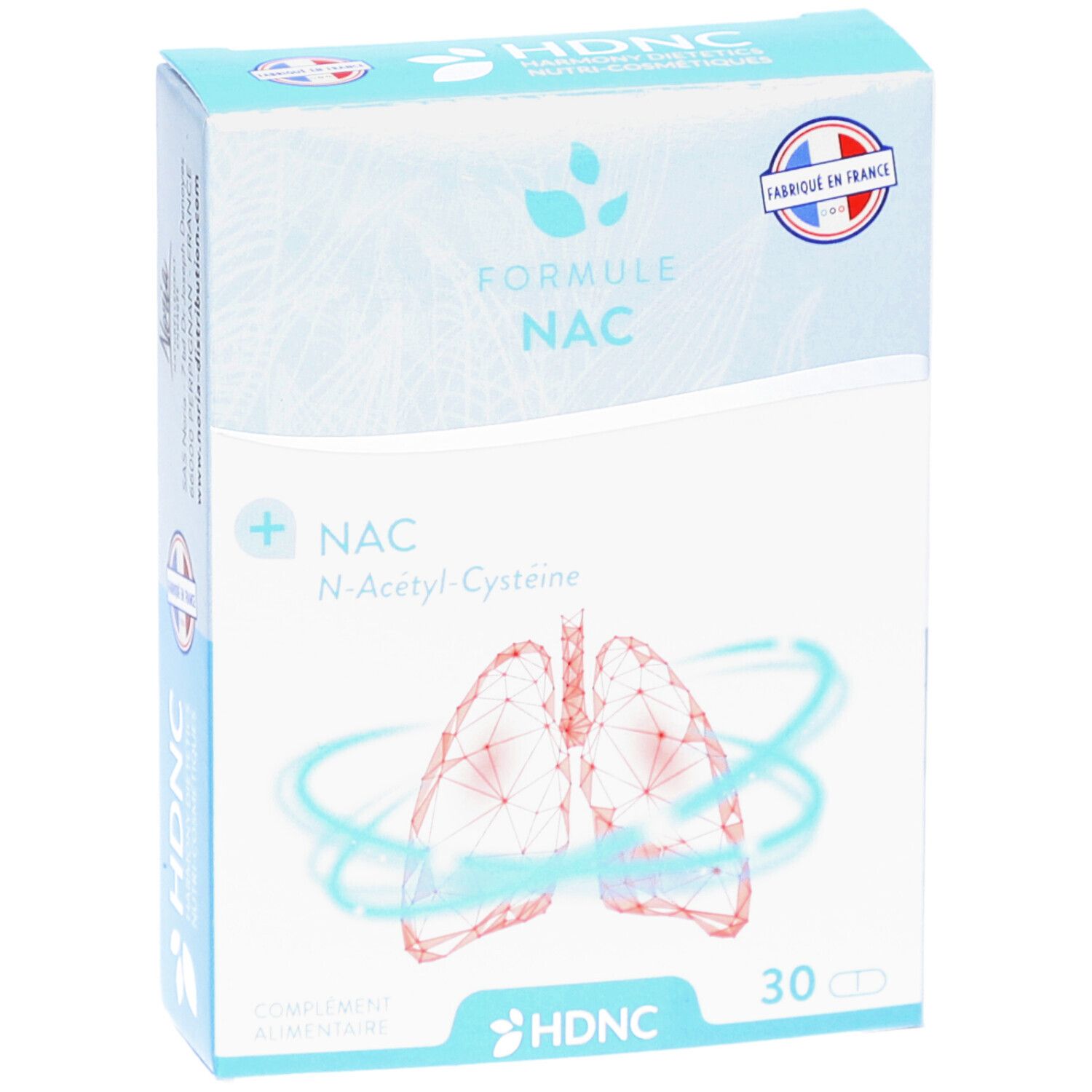 Boîte bleu et blanche avec formule NAC. Drapeau français et logo HDNC. 30 comprimés. Représentation des poumons.