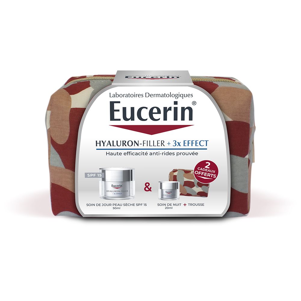 Trousse avec produits Eucerin. Inscription: HYALURON-FILLER + 3x EFFECT. Deux produits et une trousse.