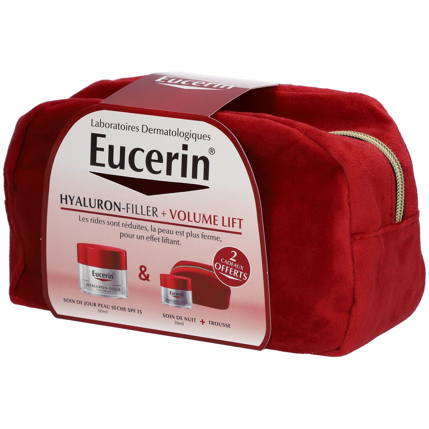 Trousse de toilette rouge avec logo Eucerin et nom du produit. Contient deux crèmes. Inscription : HYALURON-FILLER + VOLUME LIFT.