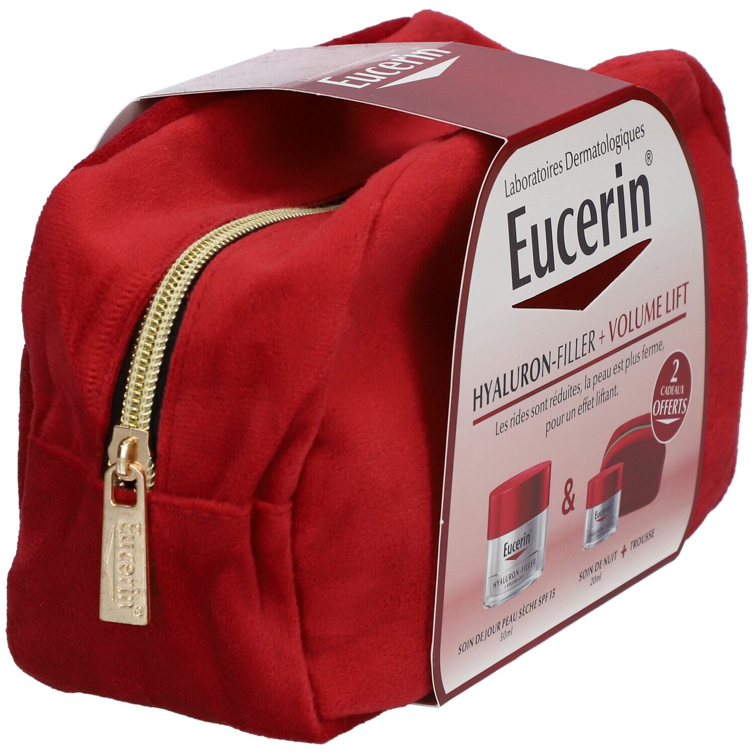 Trousse de toilette rouge avec fermeture éclair dorée. Logo Eucerin et nom du produit sur l'emballage. Contient deux crèmes.