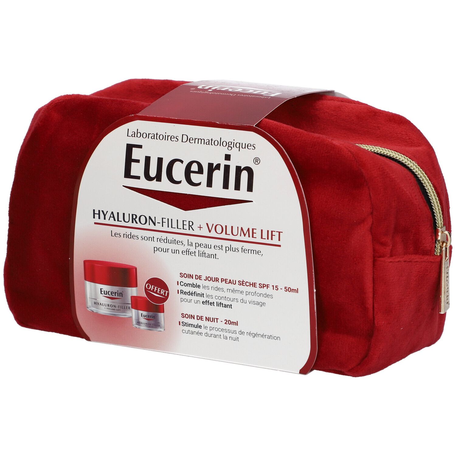 Trousse de toilette rouge avec logo Eucerin et nom du produit. Contient deux crèmes. Inscription : HYALURON-FILLER + VOLUME LIFT. Avec offre.