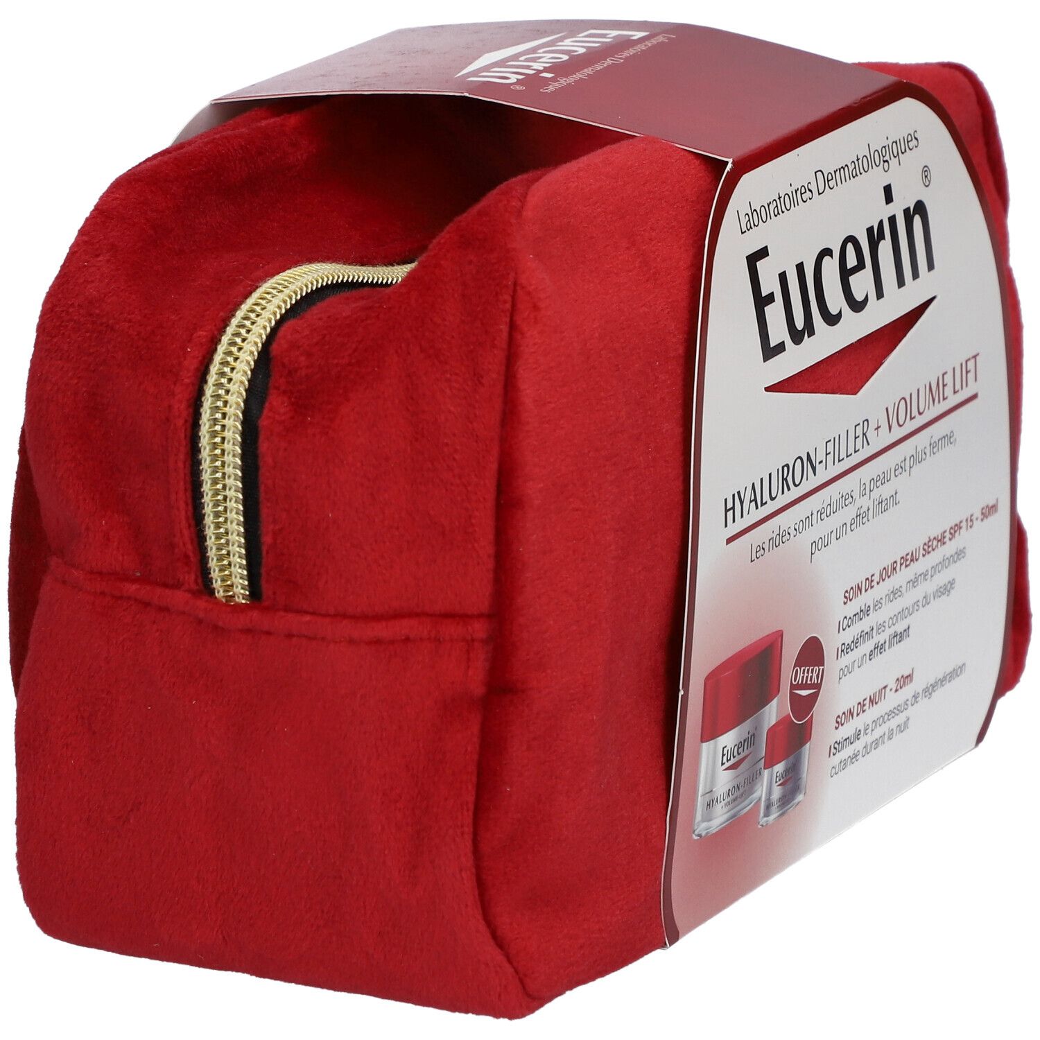 Trousse de toilette rouge avec fermeture éclair dorée. Logo Eucerin et nom du produit sur l'emballage. Contient deux crèmes.