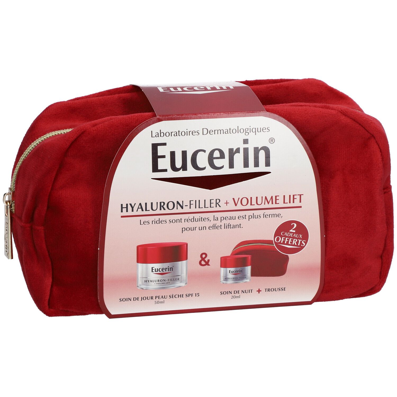 Trousse de toilette rouge avec logo Eucerin et nom du produit. Contient deux crèmes. Inscription : HYALURON-FILLER + VOLUME LIFT. Avec offre.