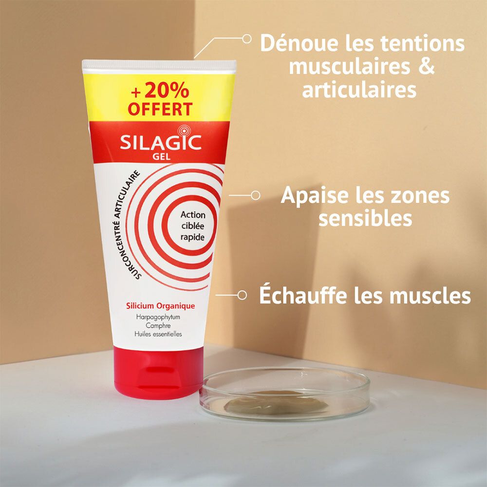 Tube de Gel Silagic à côté d'une boîte de Pétri, avec texte décrivant la relaxation musculaire et le soulagement.