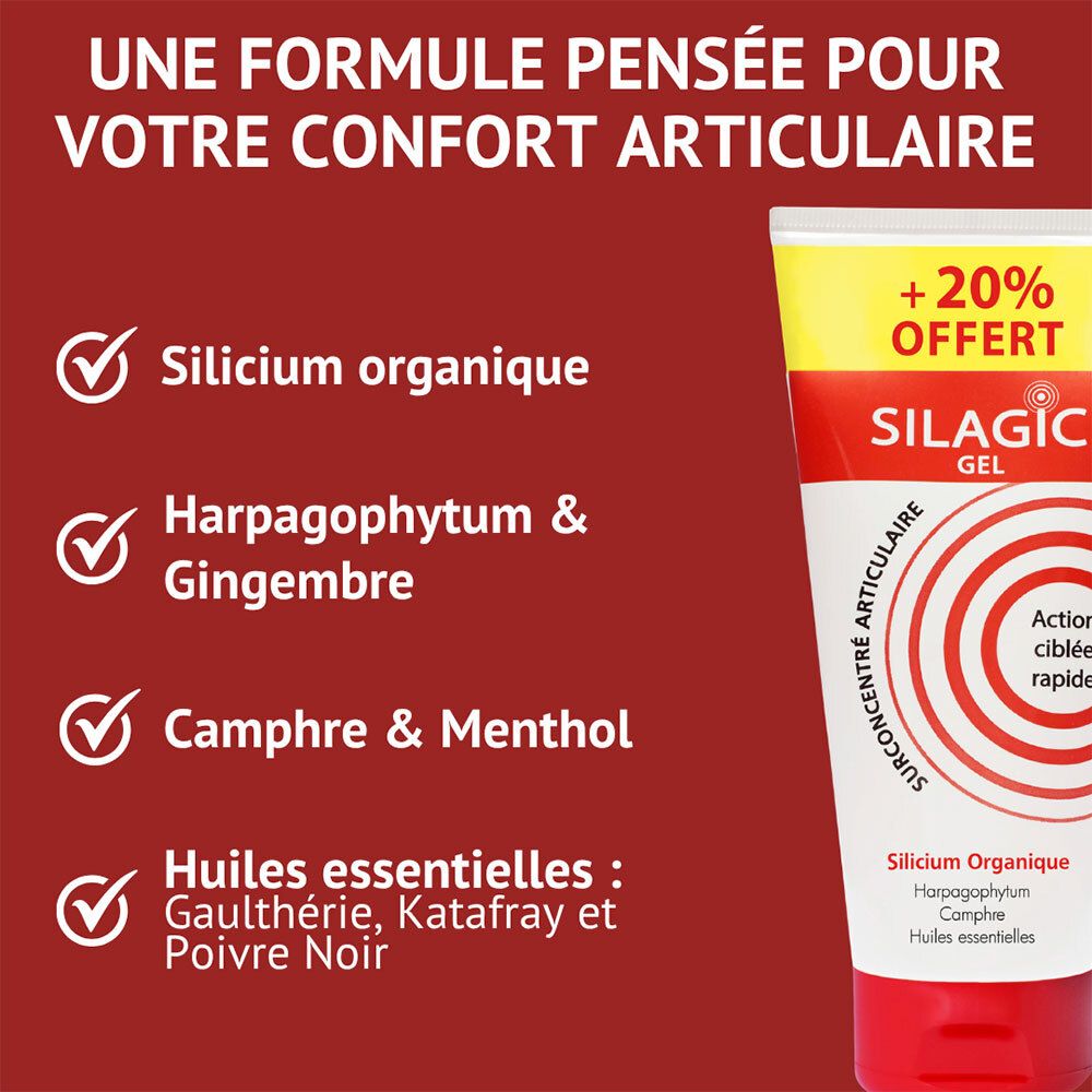 Tube de Gel Silagic avec liste d'ingrédients tels que "Silicium organique", "Harpagophytum & Gingembre".