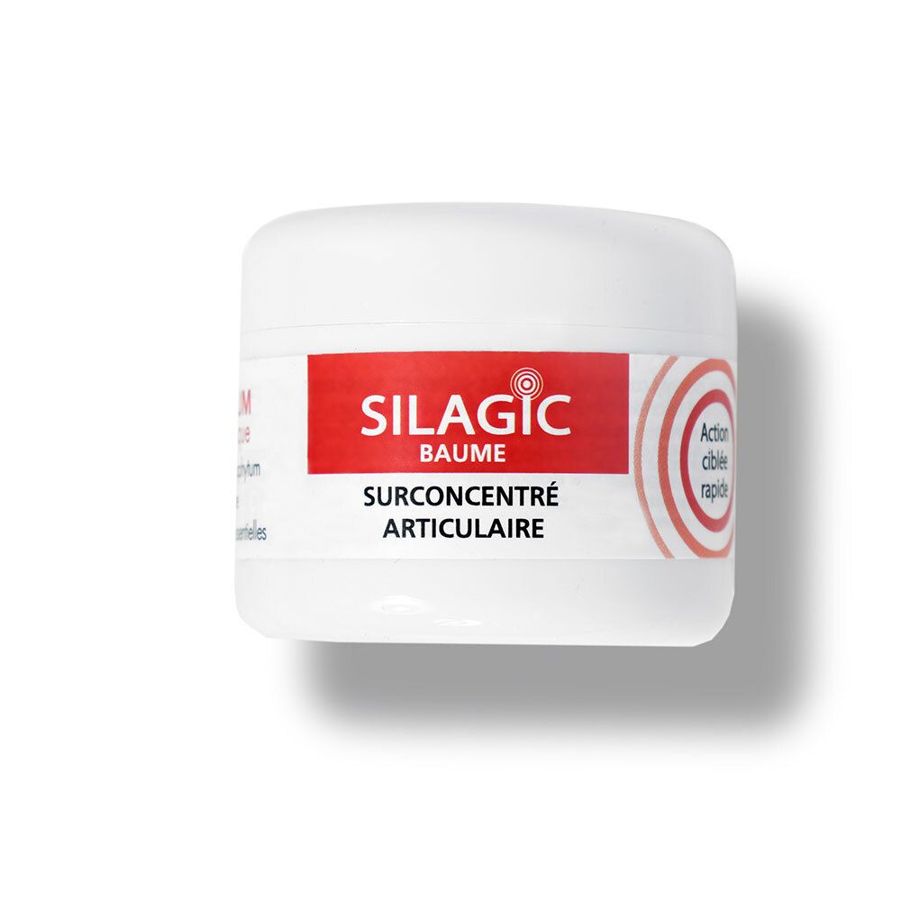 Pot blanc avec étiquette rouge : Silagic Baume Surconcentré Articulaire.